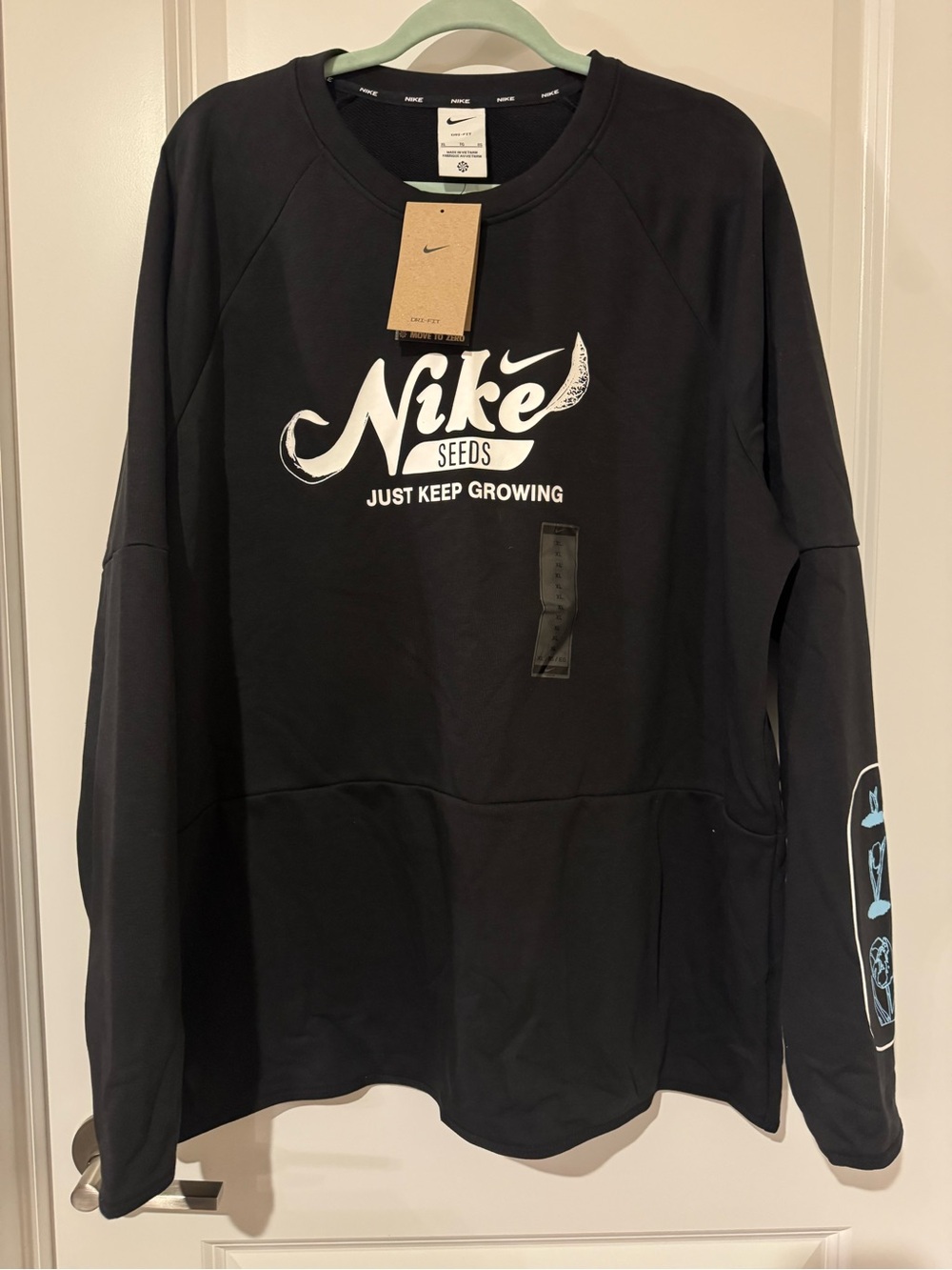 NWT Nike Black Crewneck Sweatshirt with White Logos and Light Blue Trim